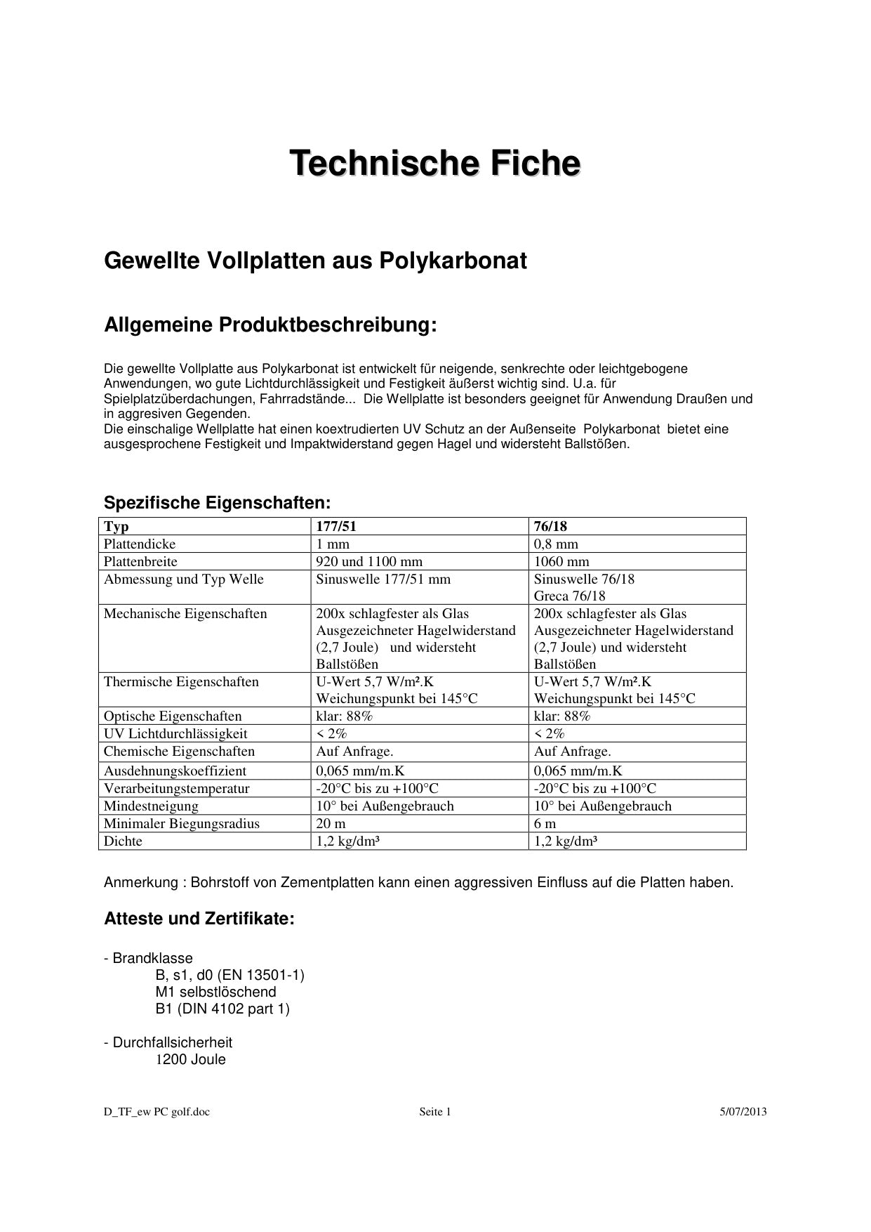 Technische Daten Stegplatten für Terrassenüberdachungen