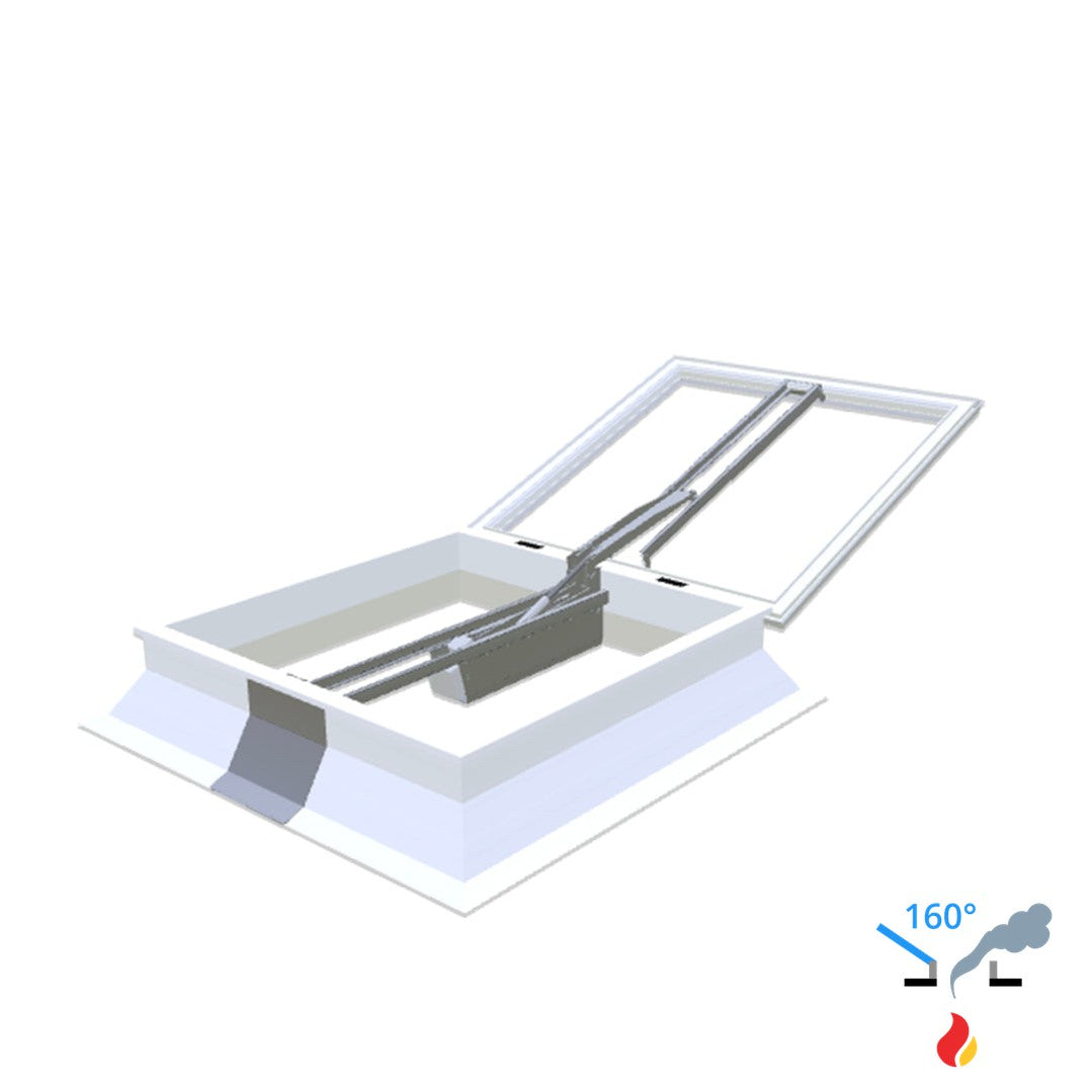 Skylux 160° CE met koepel en pvc-opstand 30/20 met LM-motor, pvc-raam type EP25 en windvang 1100 x 1100 mm