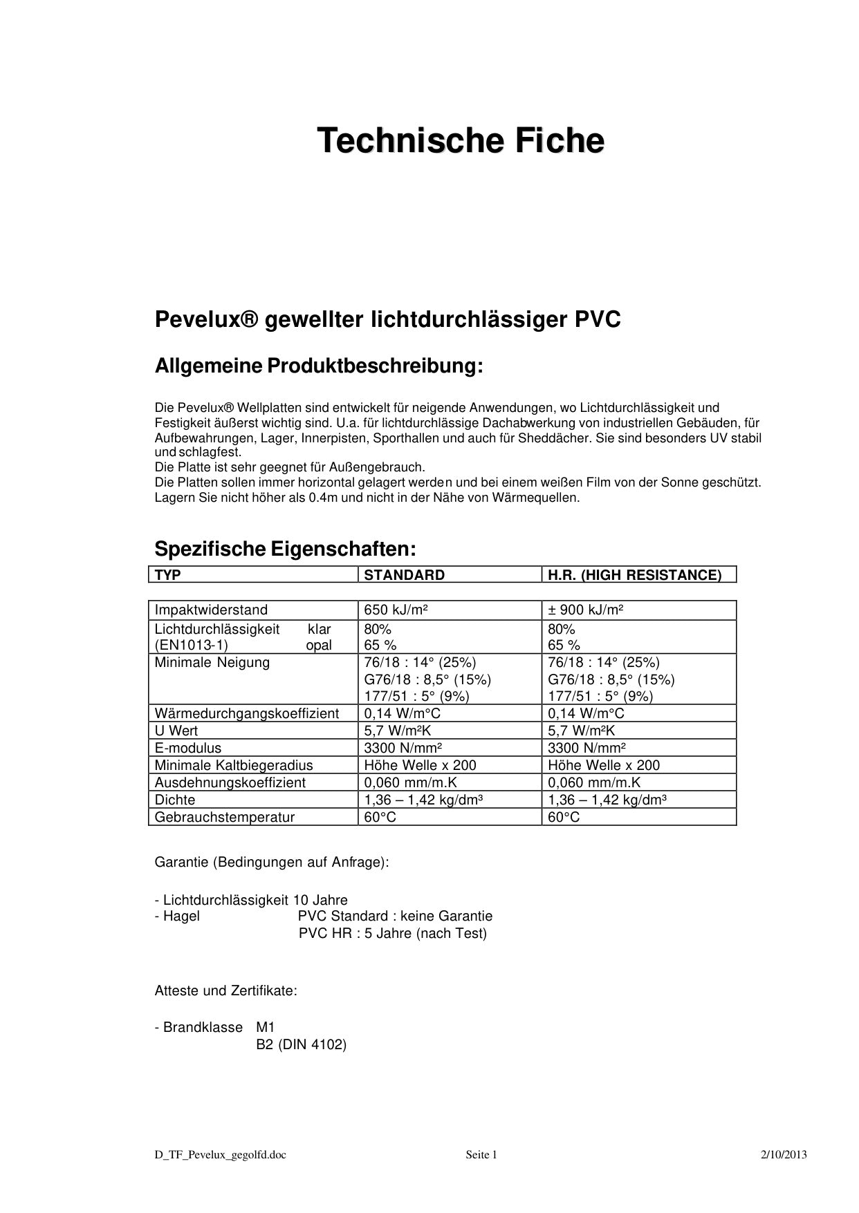 Technische Daten Stegplatten für Terrassenüberdachungen